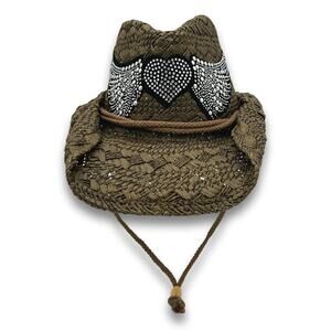 Womens Straw Cowboy Cowgirl Hat Rhinestone Beaded Winged Heart With Chin Strap
